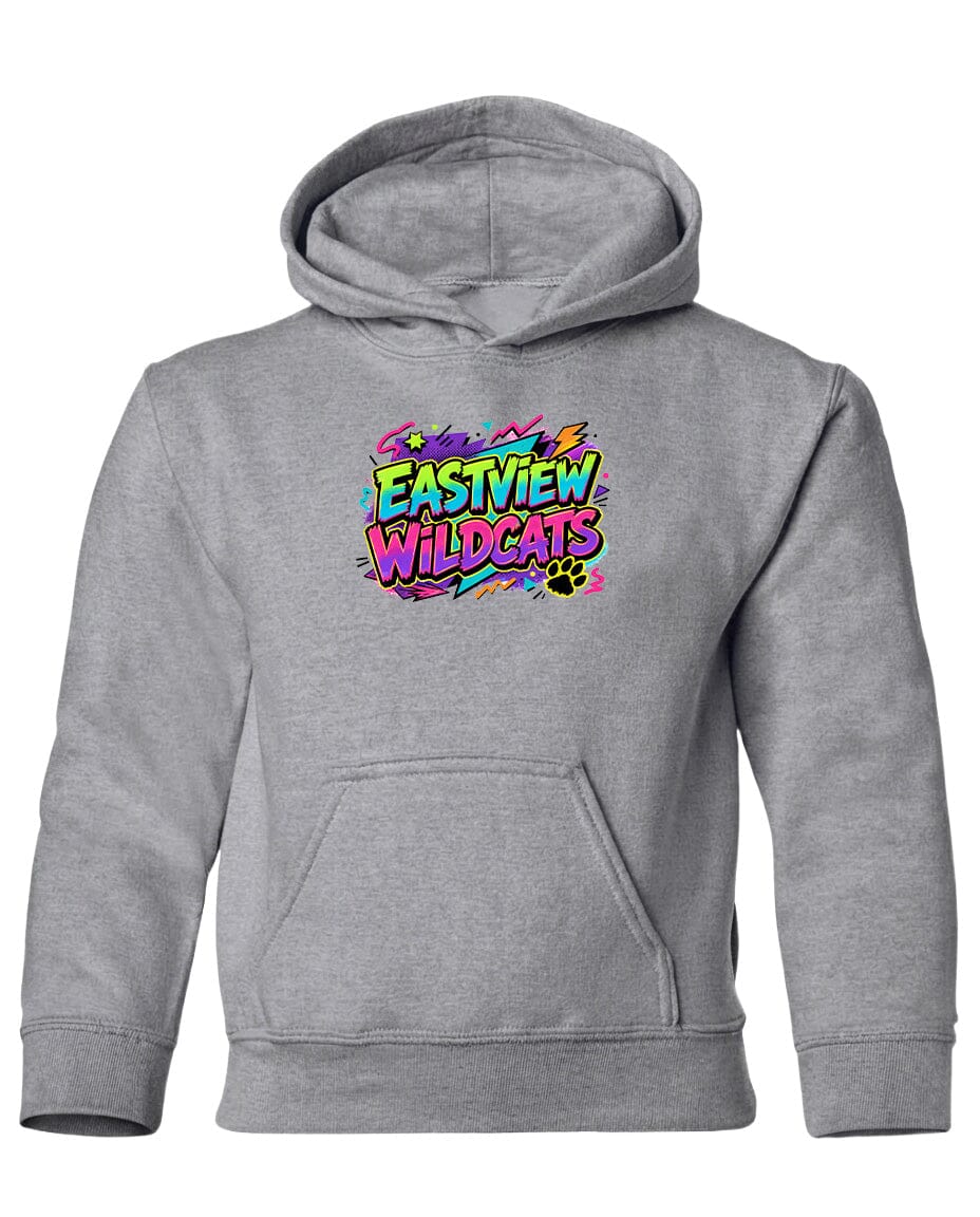 A gray hoodie with a colorful graphic design on the front.