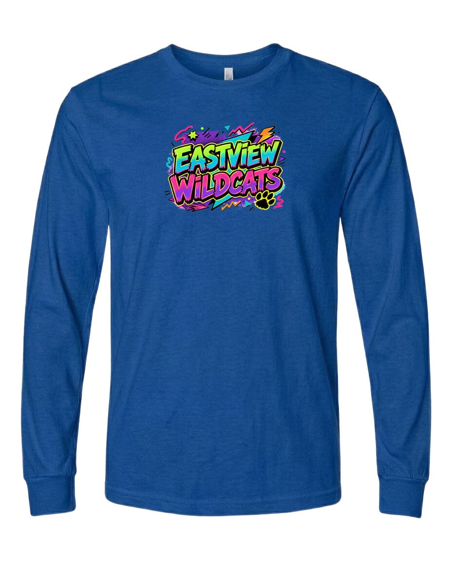 A blue long-sleeved t-shirt with a colorful graphic design featuring the text "EASTVIEW WILDCATS" in a stylized font.