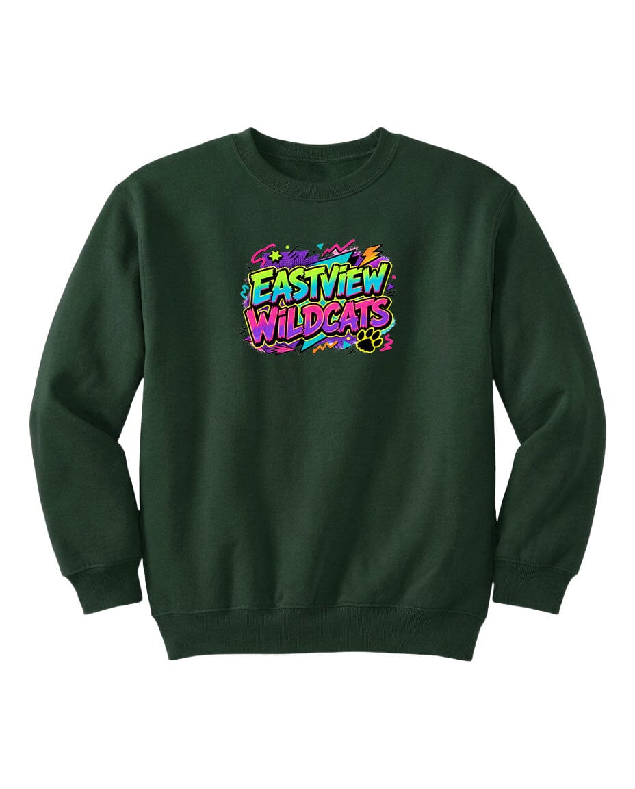 A dark green sweatshirt with a colorful graphic design on the front.