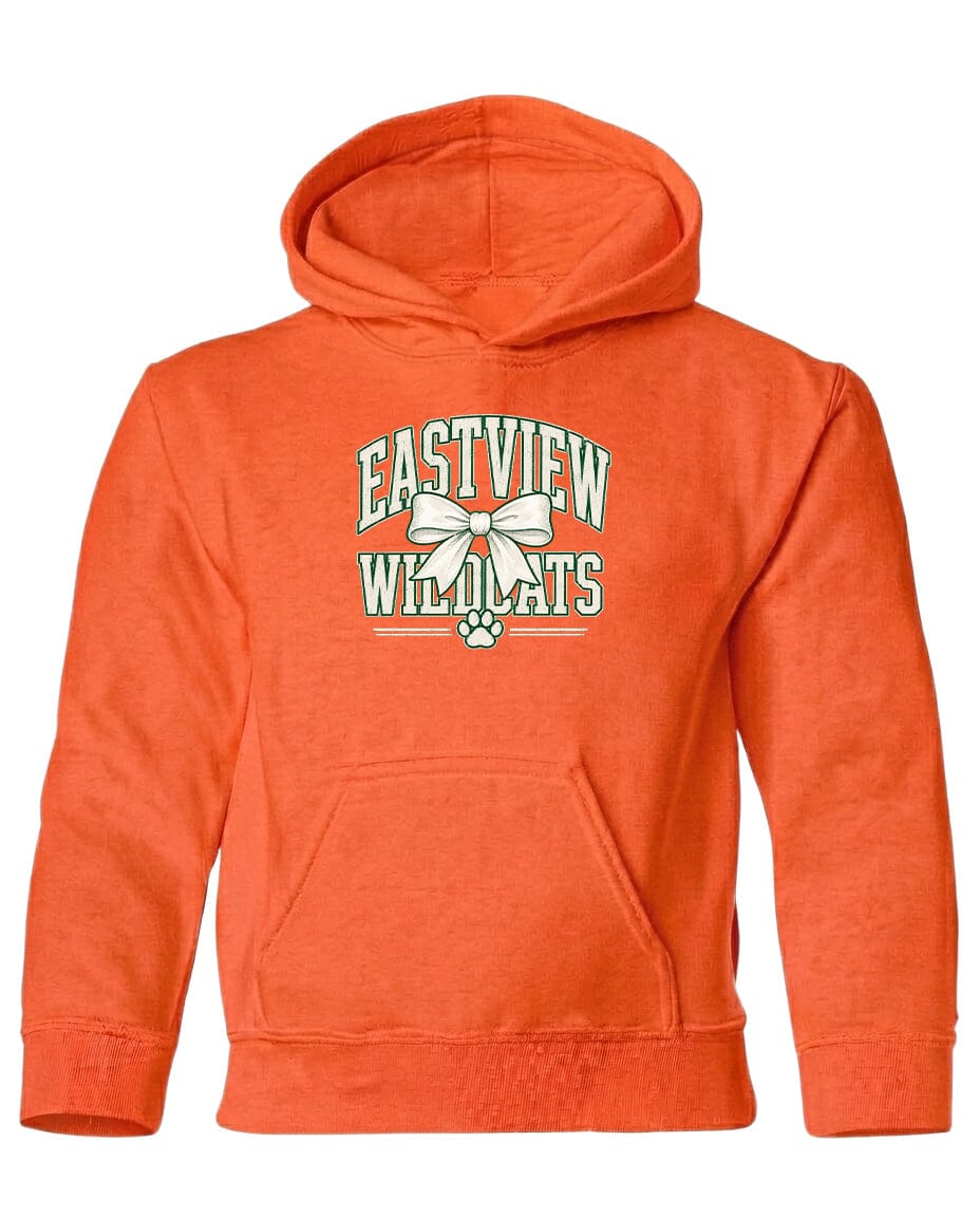An orange hoodie with a graphic design on the front.