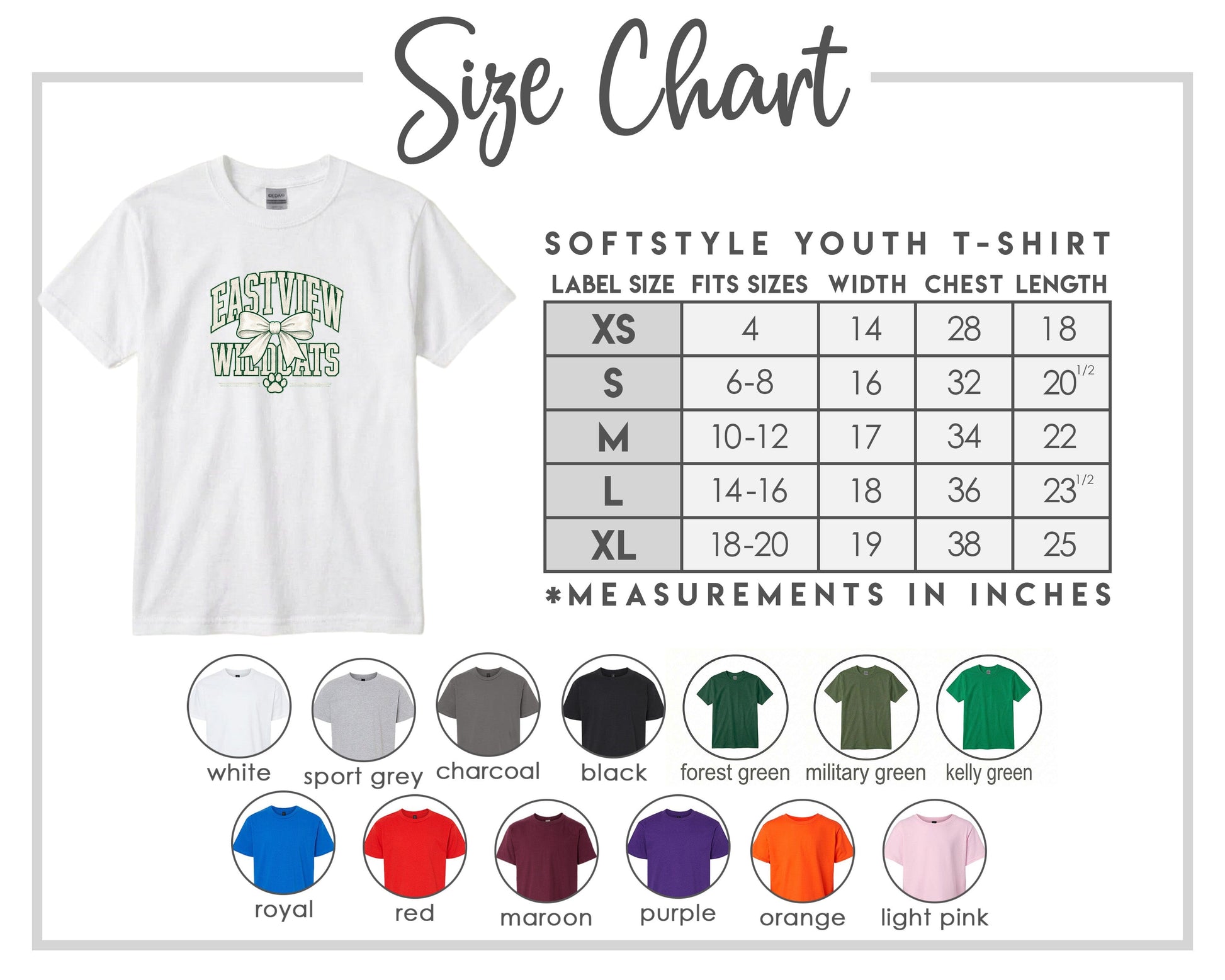 The image is a size chart for a softstyle youth t-shirt, providing measurements for different sizes and corresponding t-shirt colors.