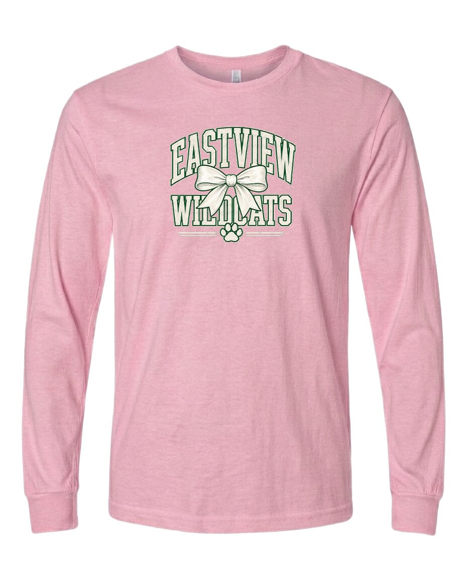 A pink long-sleeved t-shirt with a graphic design on the front.