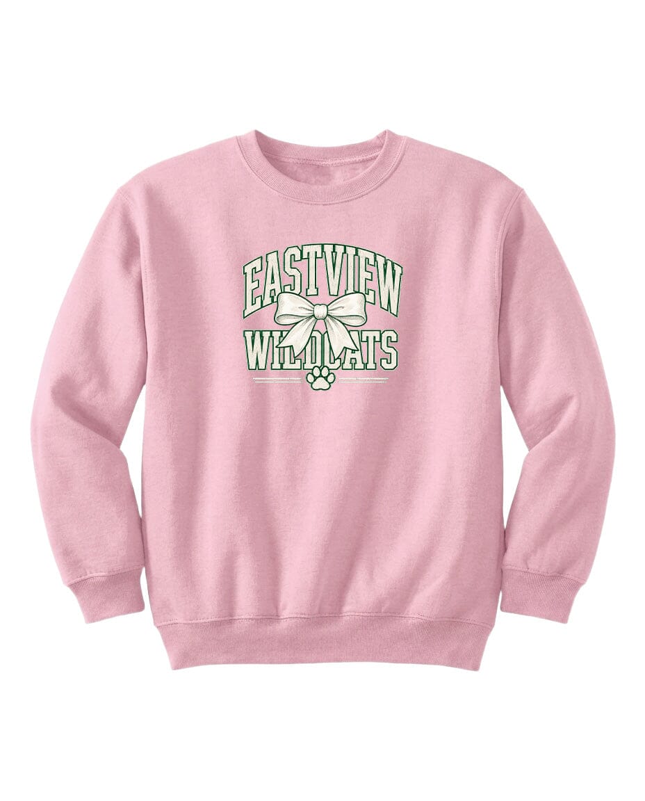 A pink sweatshirt with a graphic design featuring the text "EASTVIEW WILDCATS" and a bow.