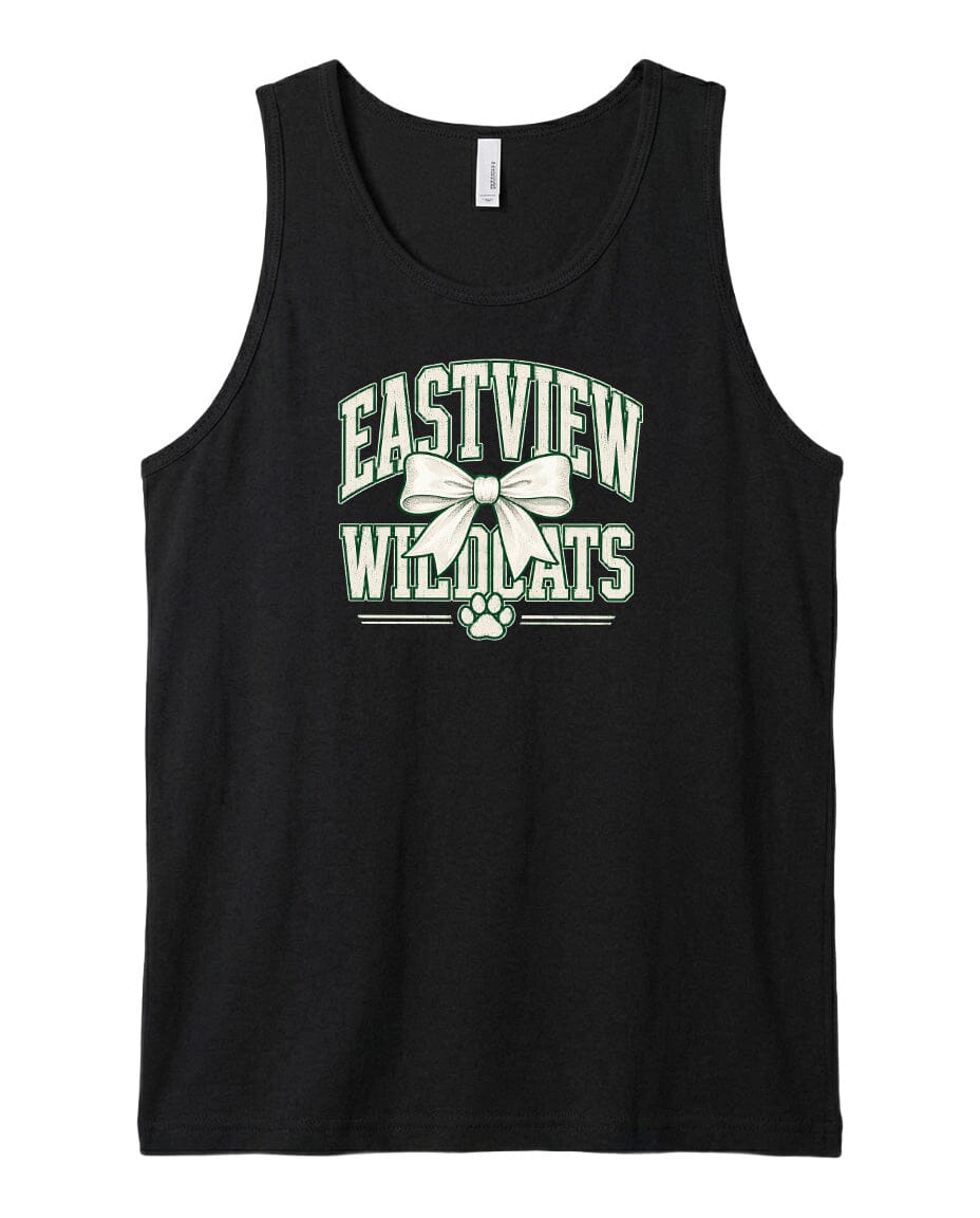 A black tank top with a graphic design featuring the text "EASTVIEW WILDLOTS" and a bow.