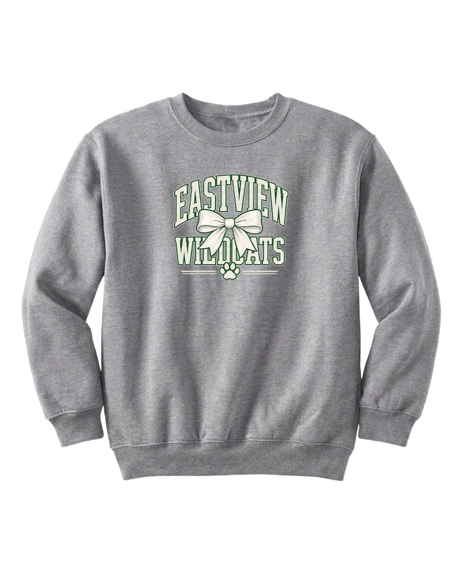 A gray sweatshirt with a graphic design featuring the text "EASTVIEW WILDCATS" and a bow.