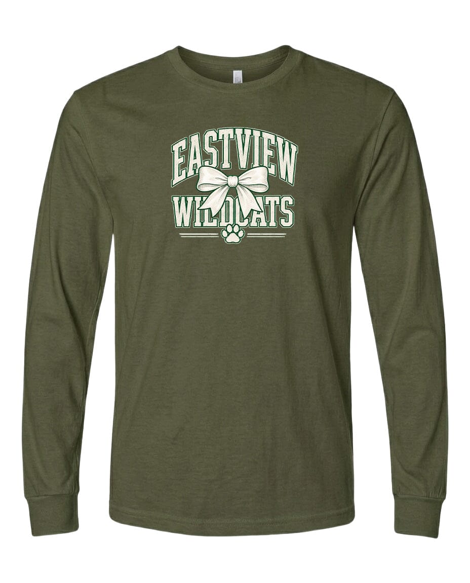 A long-sleeved olive green t-shirt with a white graphic design on the front.