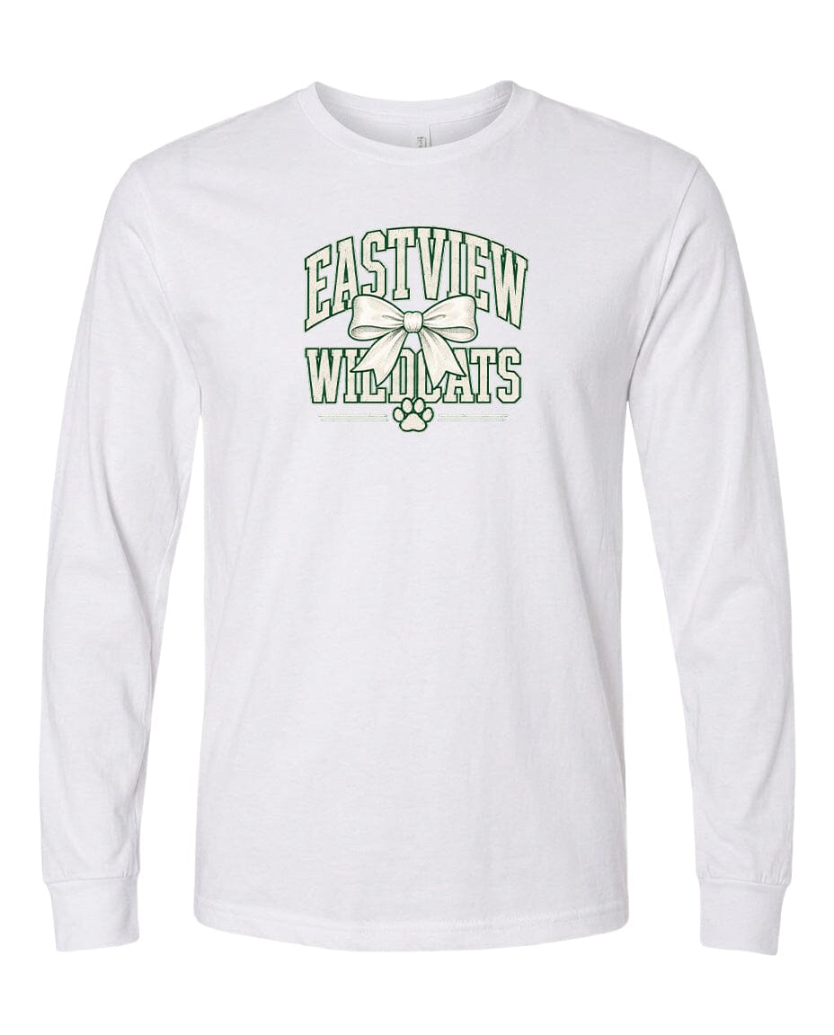 A white long-sleeved t-shirt with a graphic design featuring the text "EASTVIEW WILDLOTS" and a bow.