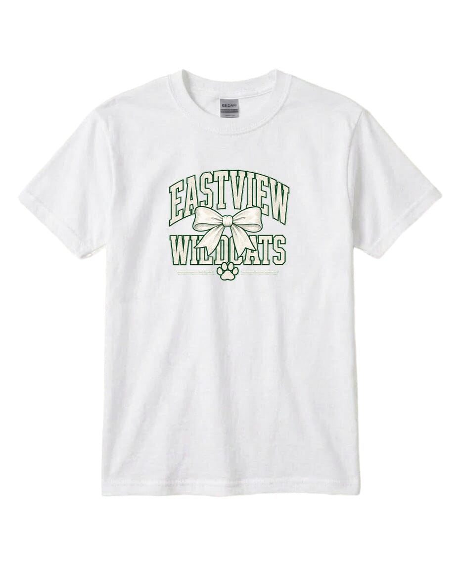 A white t-shirt with a graphic design featuring the text "EASTVIEW WILDCATS" and a bow.