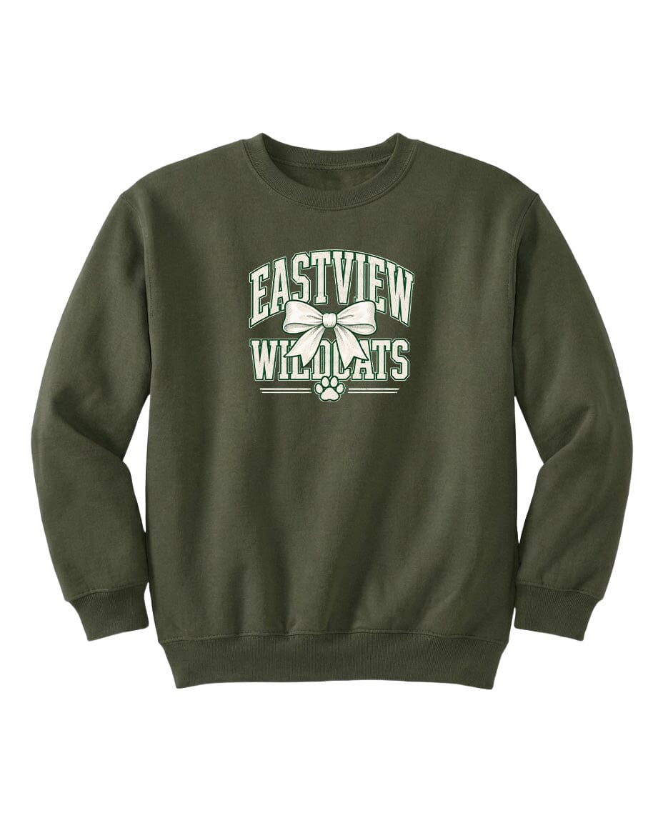 A dark green sweatshirt with a white graphic design on the front.