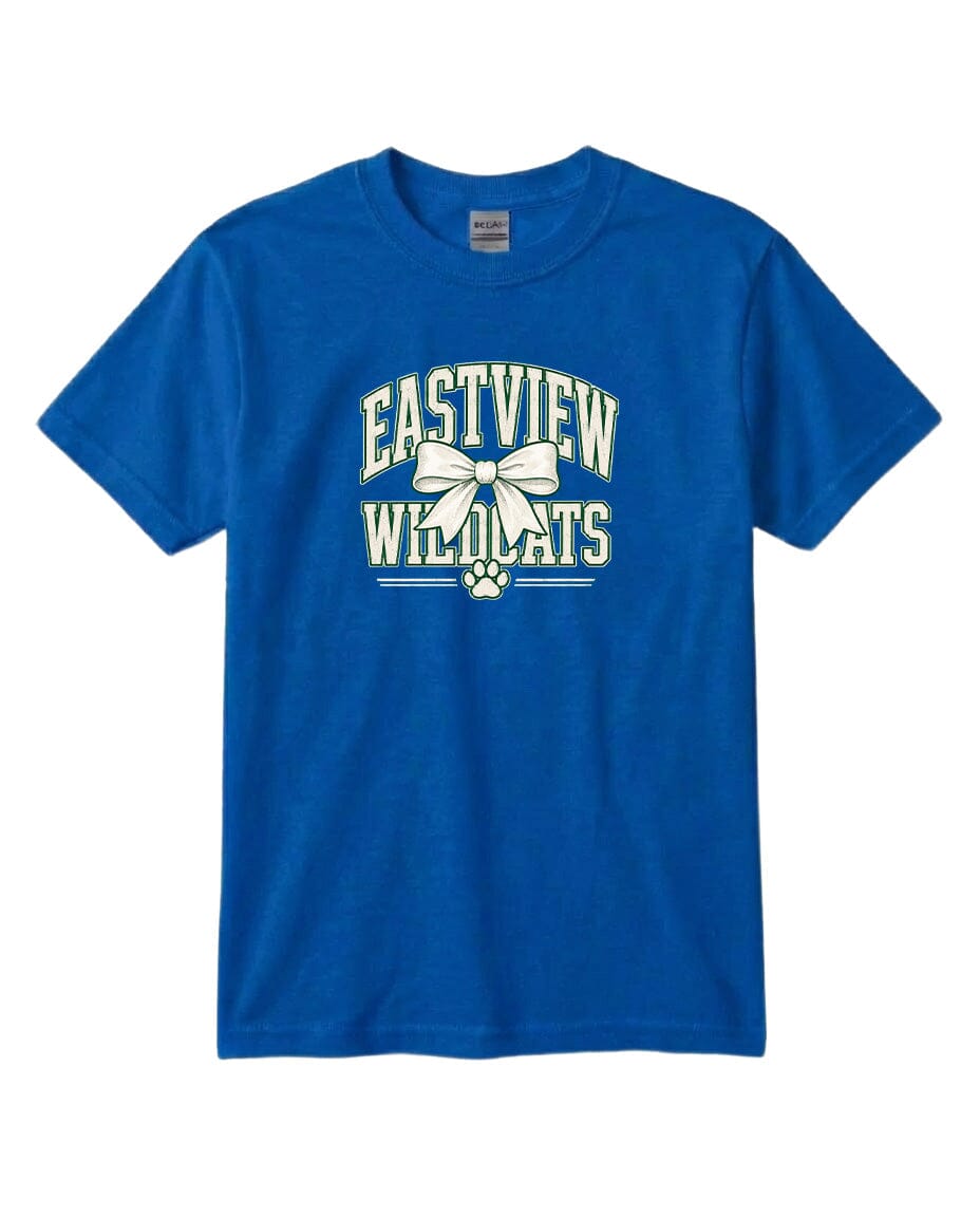 A blue t-shirt with a graphic design featuring the text "EASTVIEW WILDCATS" and a white bow.