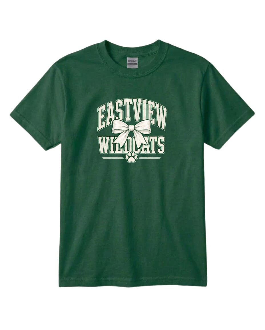 A green t-shirt with white text and a graphic design.