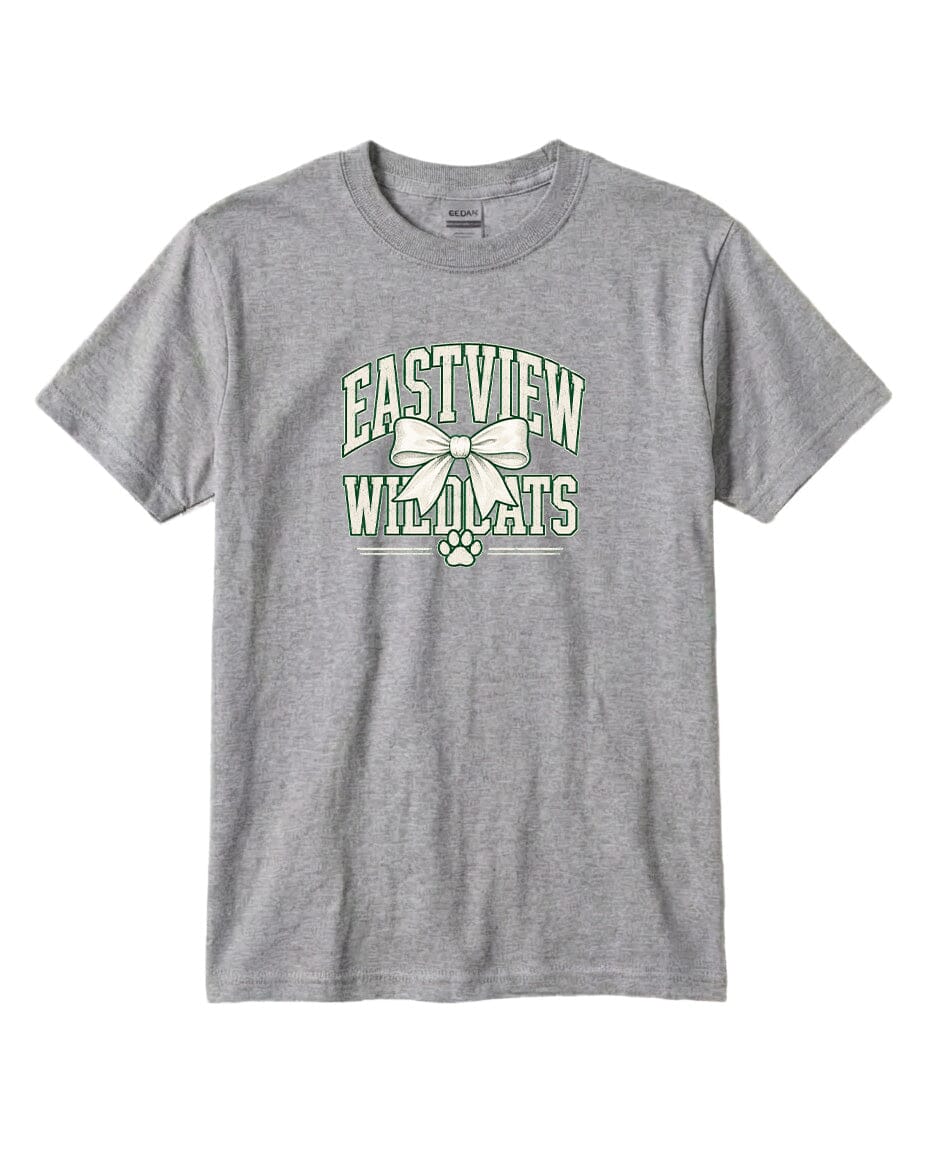 A gray t-shirt with a graphic design featuring the text "EASTVIEW WILDCATS" and a bow.