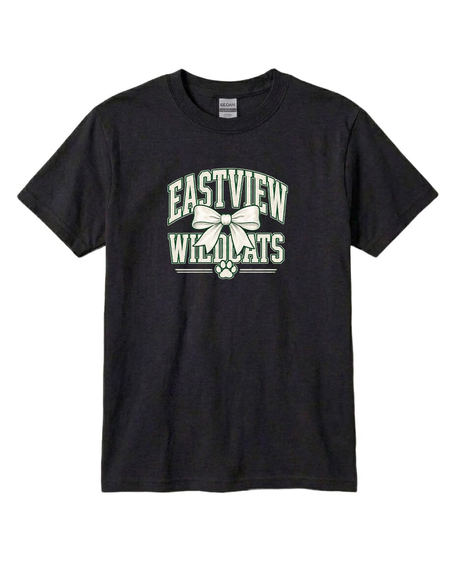 A black t-shirt with a graphic design featuring the text "EASTVIEW WILDCATS" and a bow.