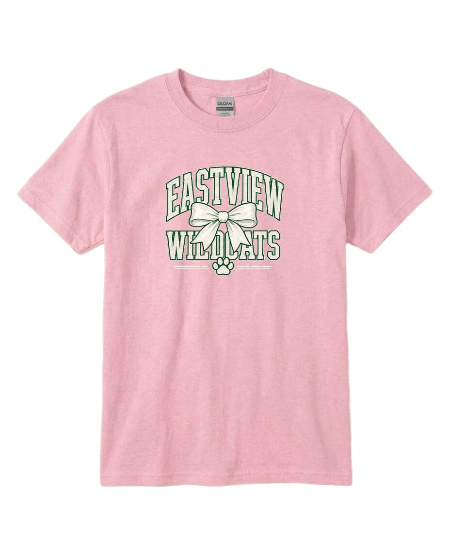 A pink t-shirt with a graphic design featuring the text "EASTVIEW WILDCATS" and a bow.