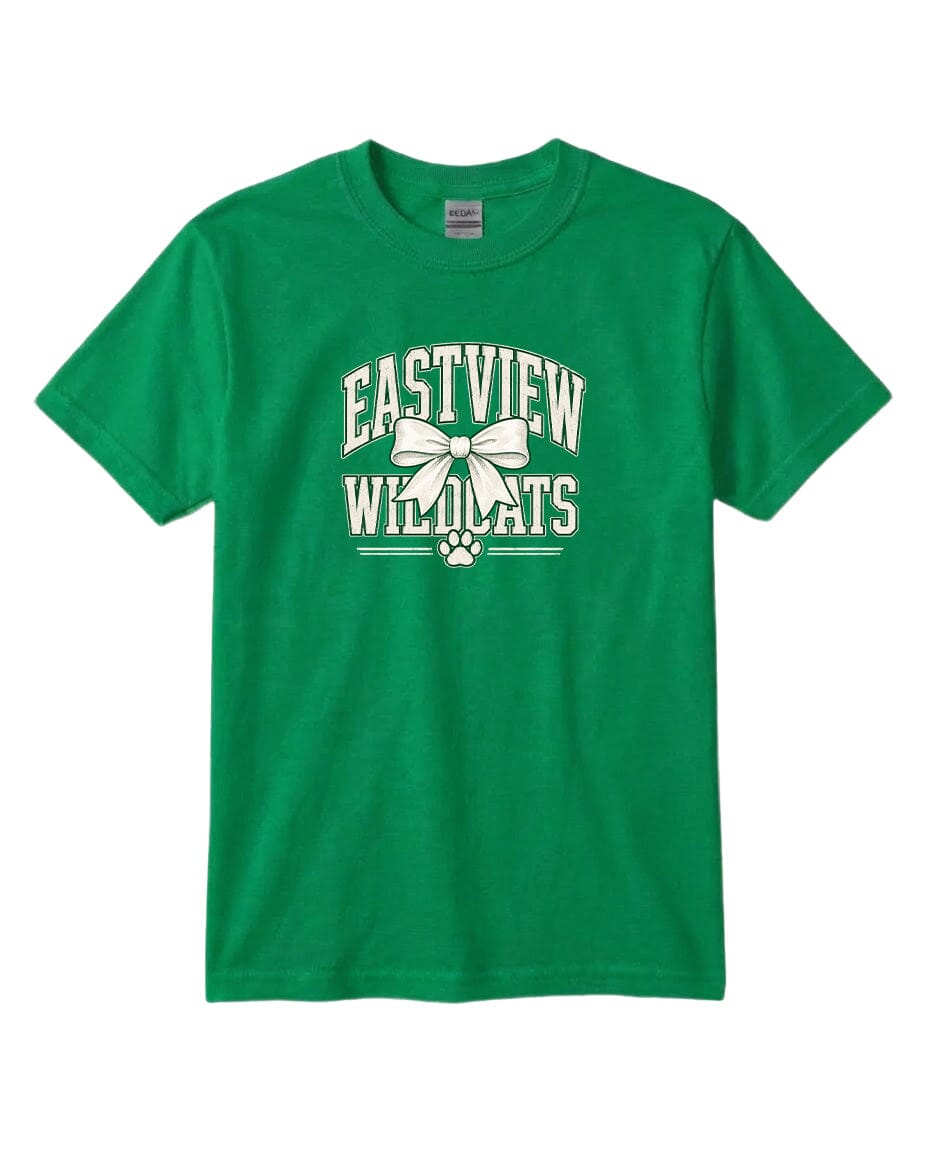 A green t-shirt with white text and graphics printed on it.