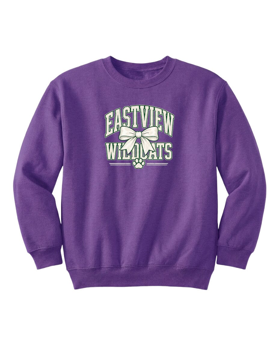 A purple sweatshirt with the text "EASTVIEW WILDCATS" printed on it.