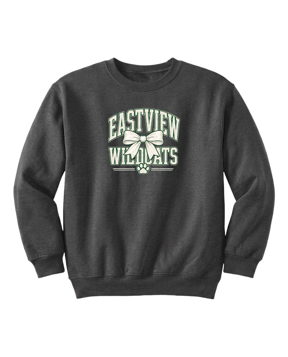 A gray sweatshirt with a graphic design featuring the text "EASTVIEW WILDCATS" and a bow.