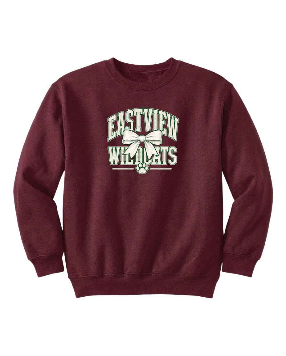 A burgundy sweatshirt with the text "EASTVIEW WILDCATS" printed on it.