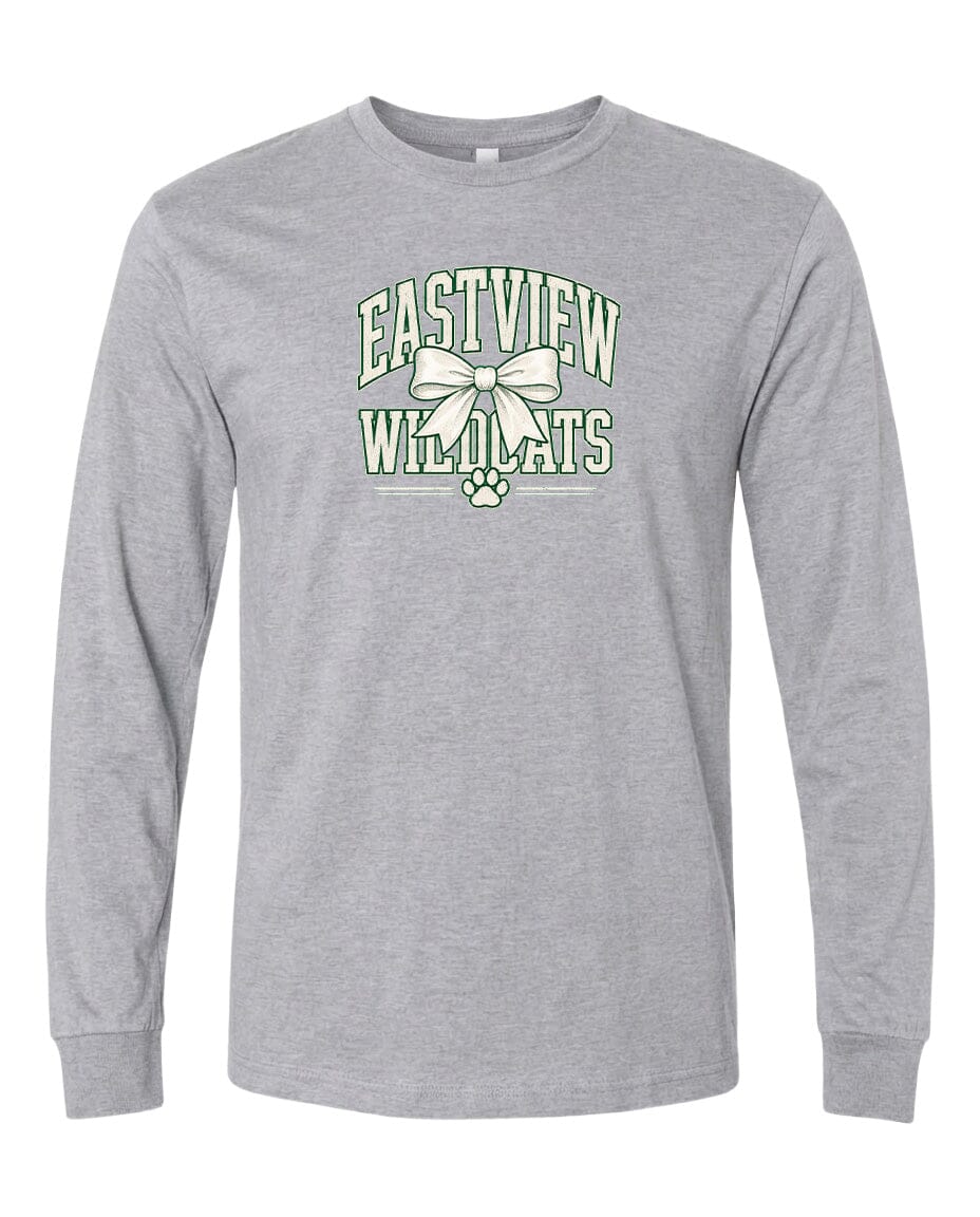 A gray long-sleeved t-shirt with a graphic design featuring the text "EASTVIEW WILDLIFE" and a bow.