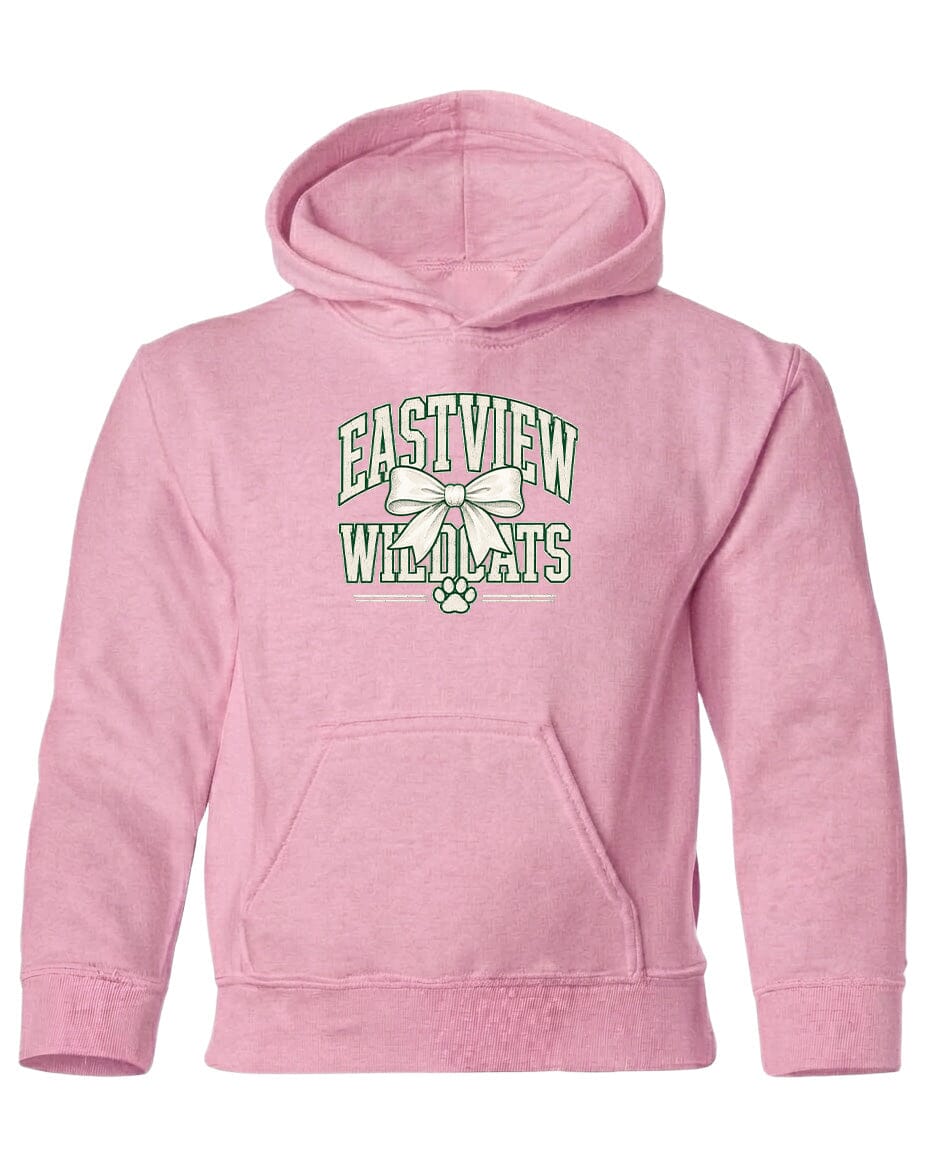 A pink hoodie with a graphic design on the front, featuring the text "EASTVIEW WILDLIFE" and a paw print.