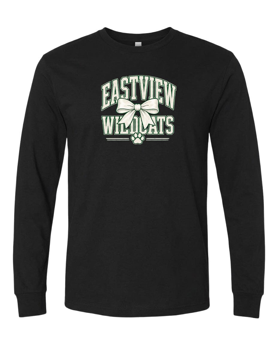 A black long-sleeved t-shirt with a graphic design featuring the text "EASTVIEW WILDLIFE" and a bow.