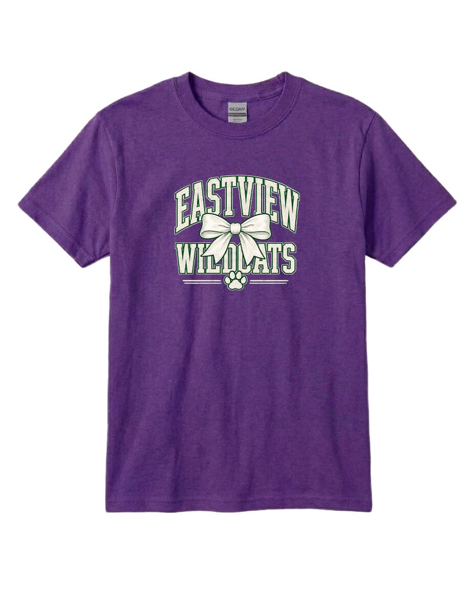 A purple t-shirt with a graphic design featuring the text "EASTVIEW WILDCATS" and a bow.