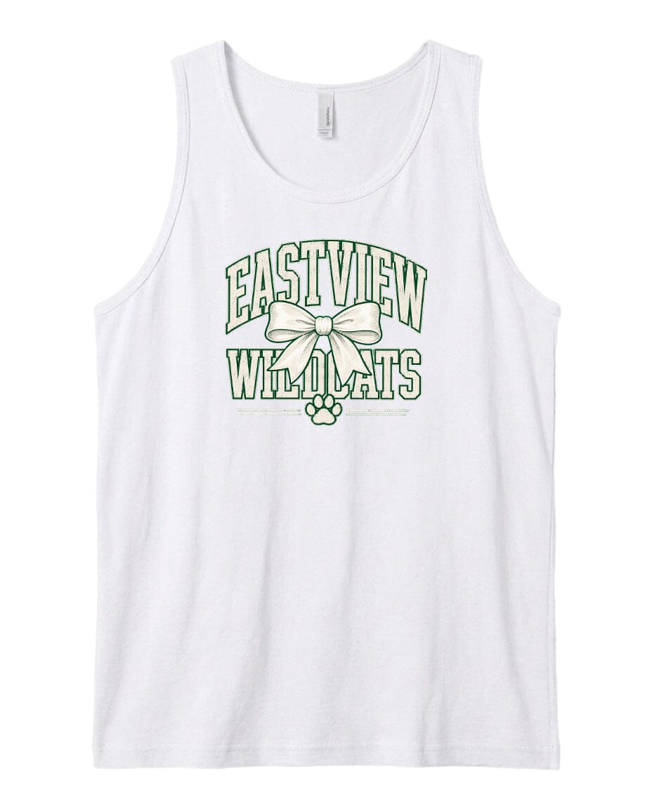 A white tank top with a graphic design featuring the text "EASTVIEW WILDCATS" and a bow.