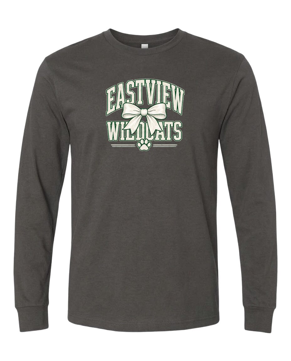 A gray long-sleeved t-shirt with a graphic design featuring the text "EASTVIEW WILDLIFE" and a bow.