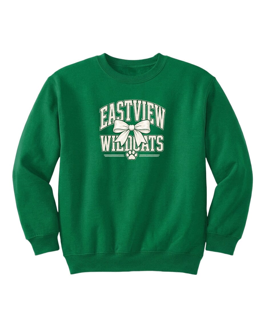 A bright green sweatshirt with the text "EASTVIEW WILDCATS" printed on it.