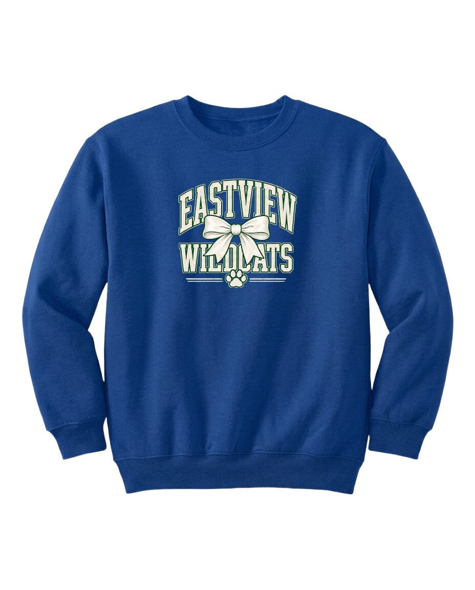 A blue sweatshirt with the text "EASTVIEW WILDCATS" printed on it.