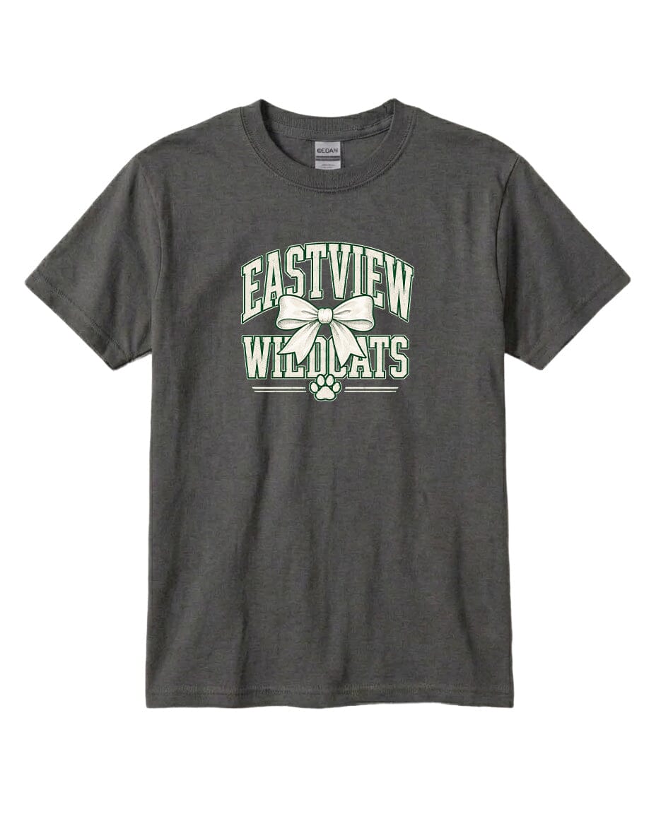 A gray t-shirt with a graphic design featuring the text "EASTVIEW WILDCATS" and a bow.