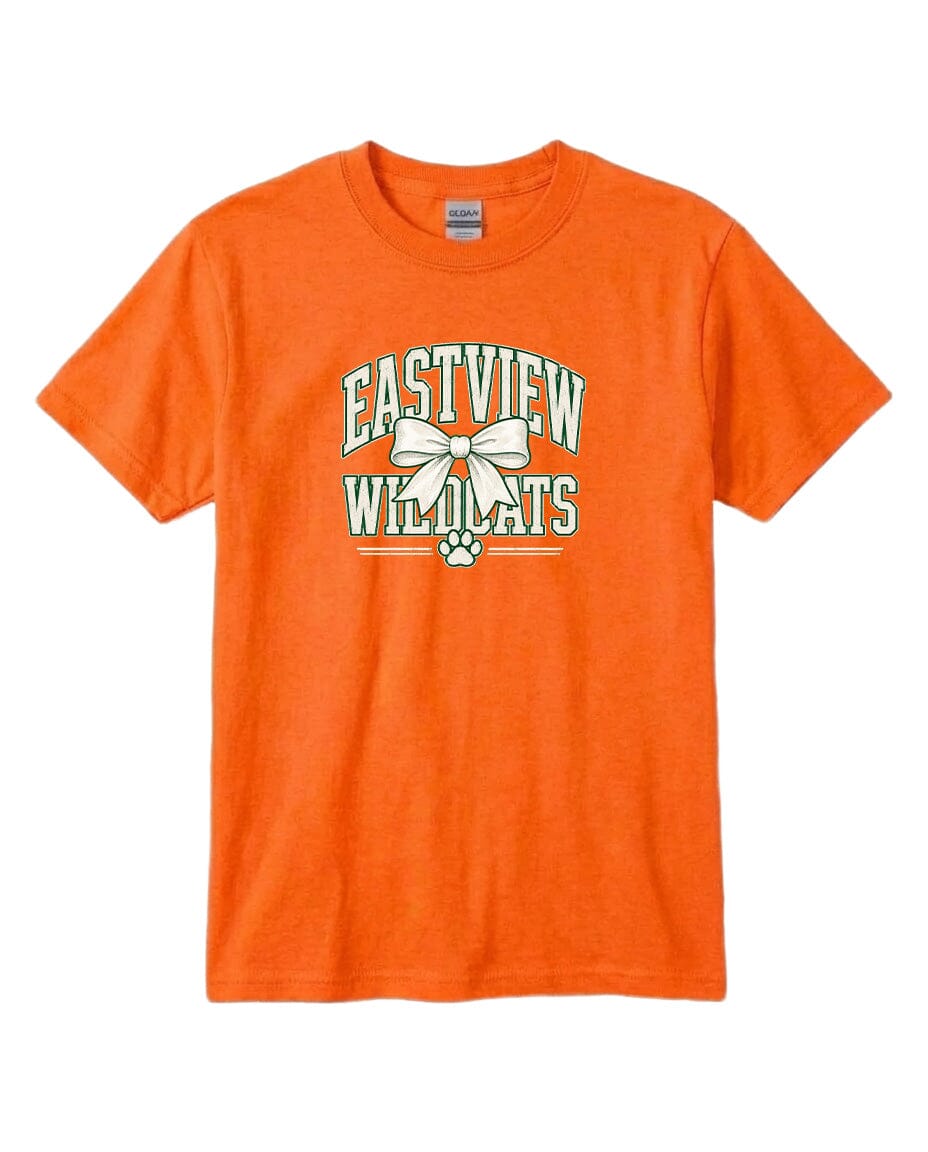 An orange t-shirt with a graphic design featuring the text "EASTVIEW WILDCATS" and a white bow.