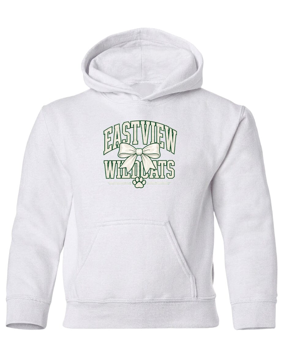A white hoodie with a graphic design on the front.