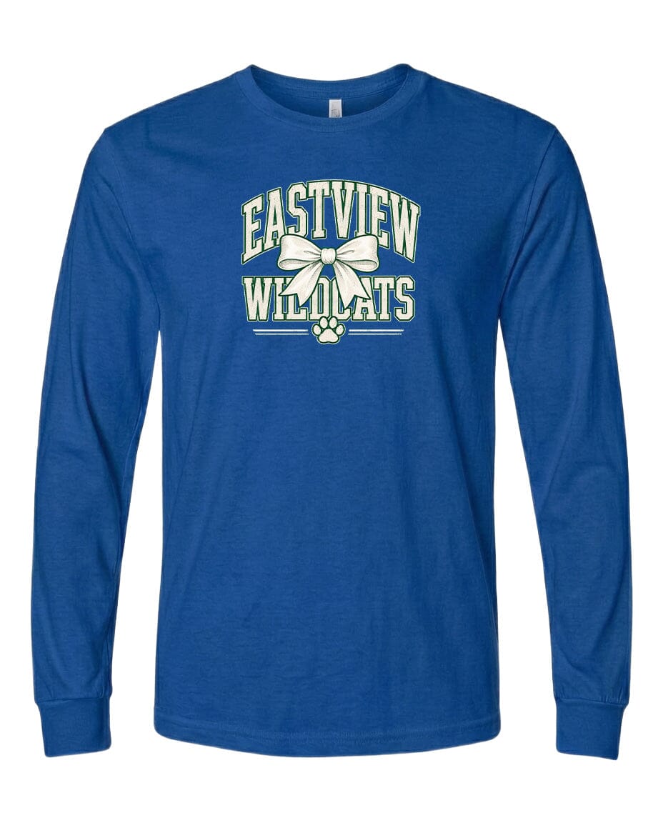 A blue long-sleeved t-shirt with a graphic design featuring the text "EASTVIEW WILDLIFE" and a paw print.