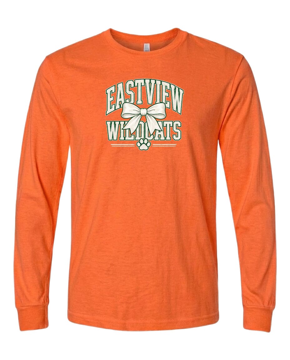 An orange long-sleeved t-shirt with a graphic design on the front.