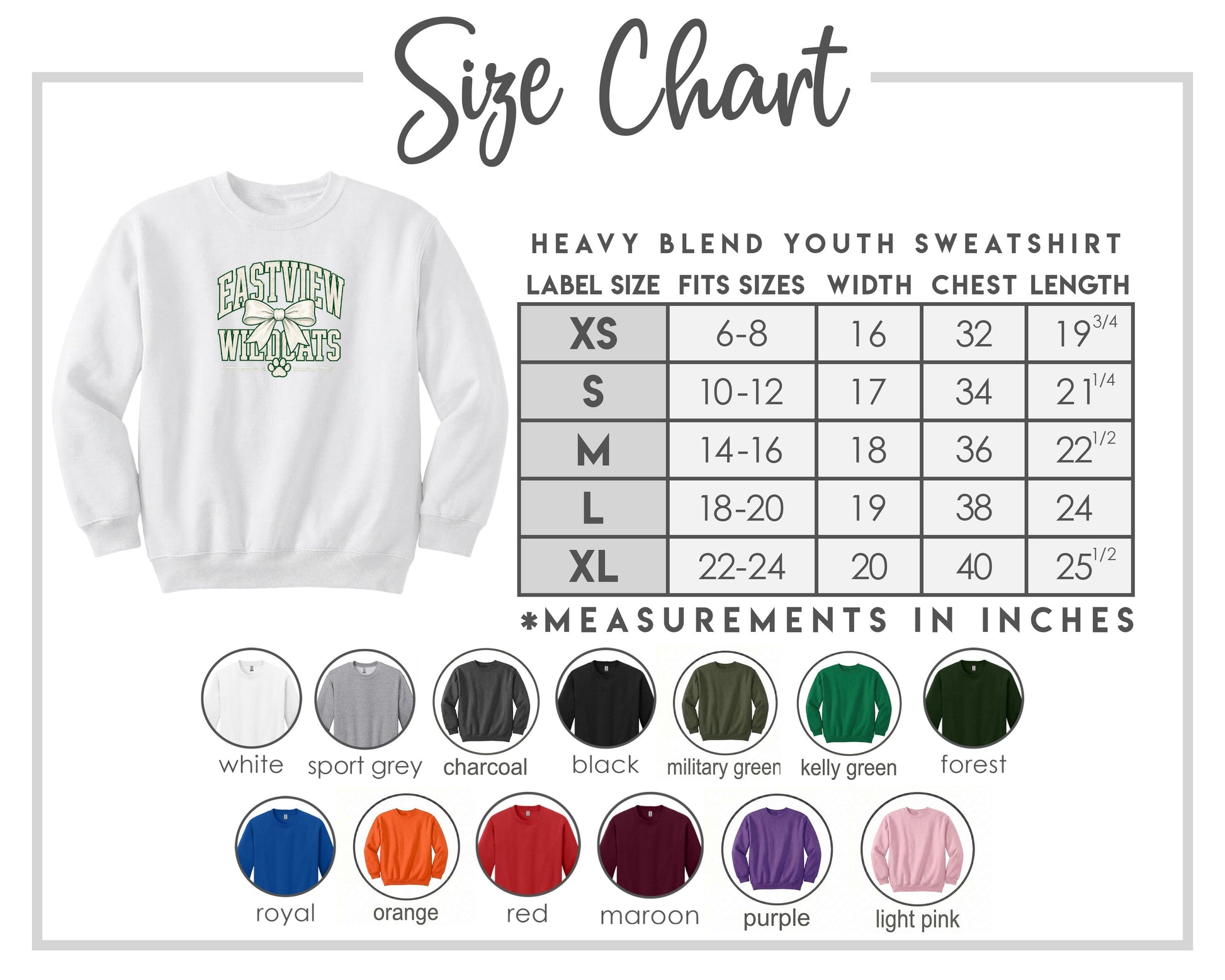 The image is a size chart for a heavy blend youth sweatshirt, including various color options and corresponding measurements in inches.