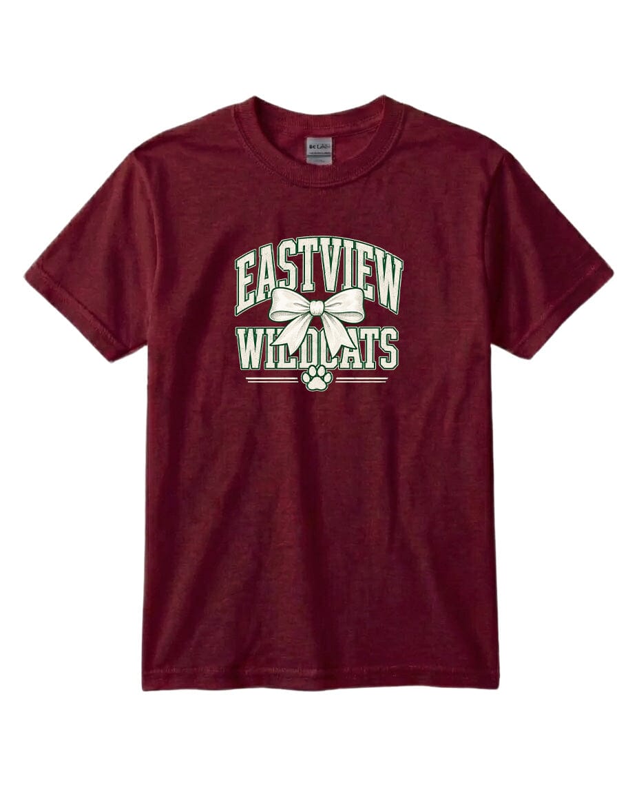 A burgundy-colored t-shirt with a graphic design featuring the text "EASTVIEW WILDCATS" and a white paw print.