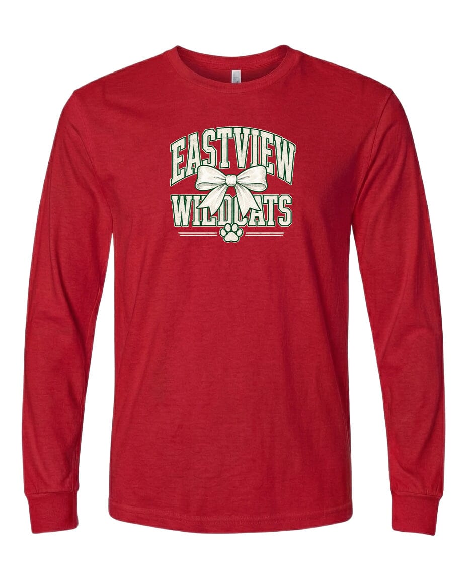 A red long-sleeved t-shirt with a graphic design featuring the text "EASTVIEW WILDLIFE" and a bow.