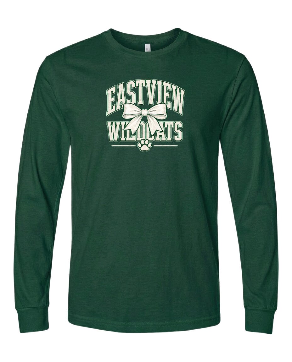 A dark green long-sleeved t-shirt with a white graphic design on the front.