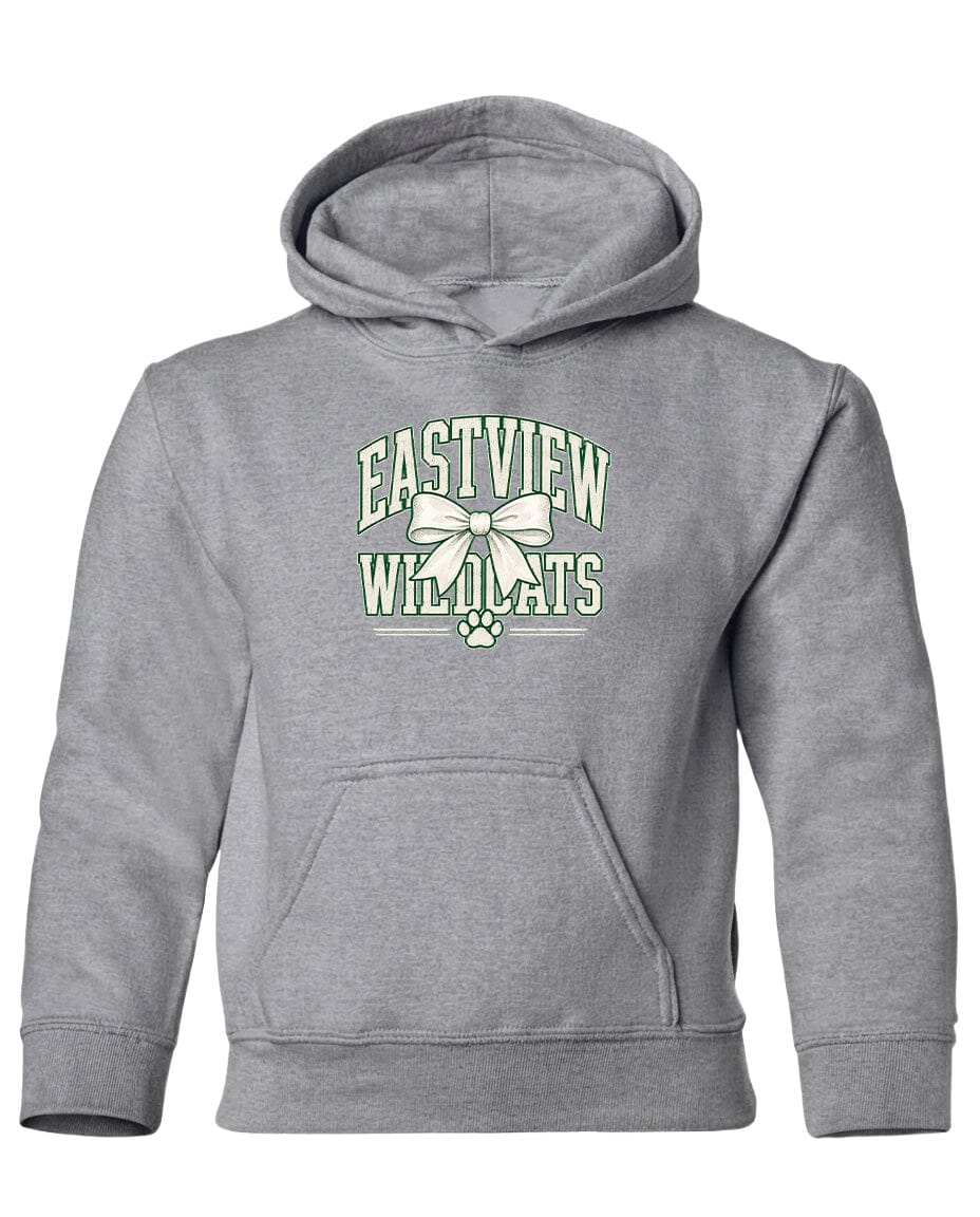 A gray hooded sweatshirt with a graphic design on the front.