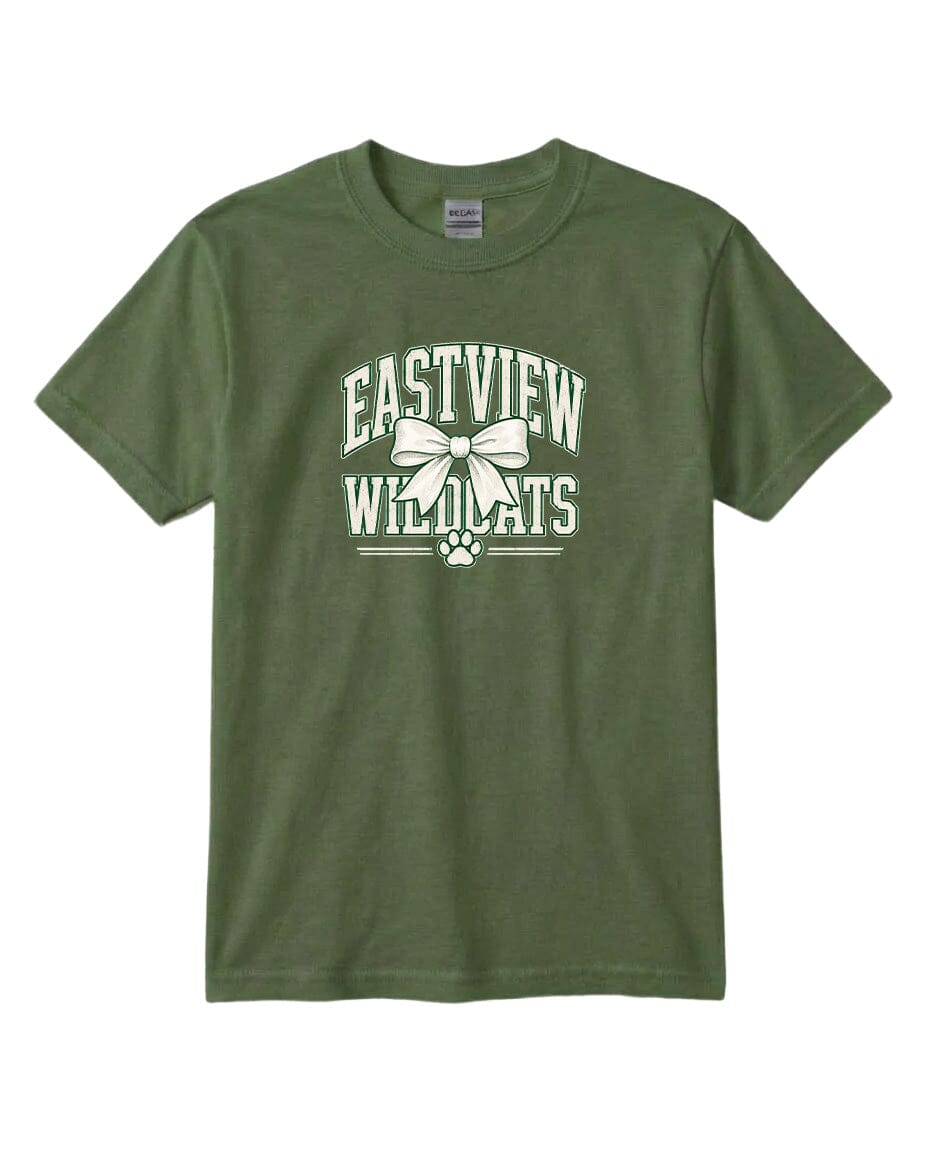 A green t-shirt with a white graphic design featuring the text "EASTVIEW WILDCATS" and a bow.