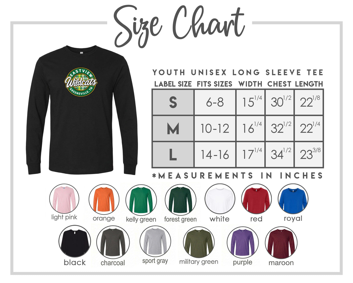 The image is a size chart for a youth unisex long sleeve tee, including various color options and corresponding measurements.