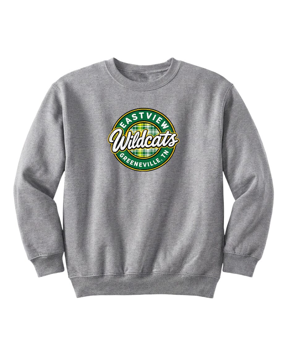A gray sweatshirt with a circular logo on the front.