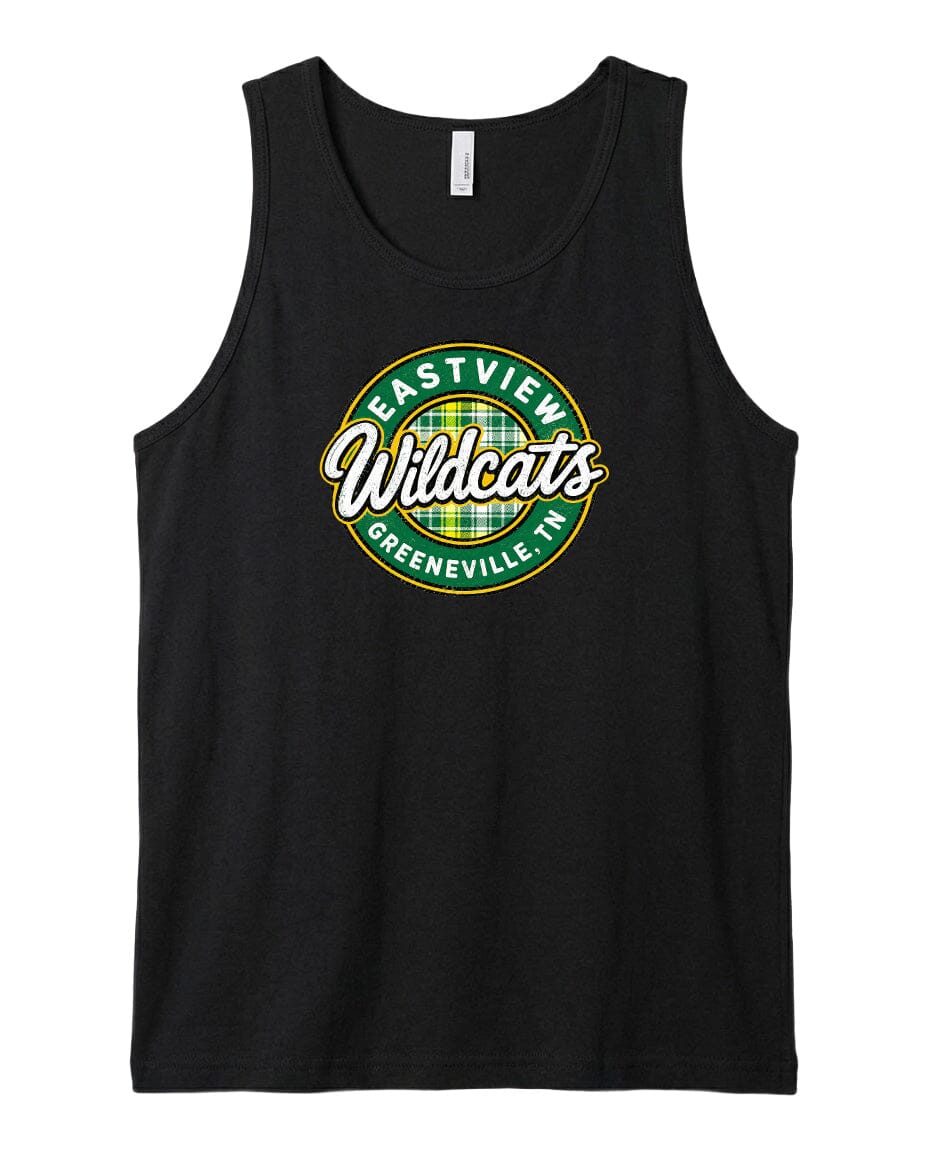 A black tank top with a circular logo on it.