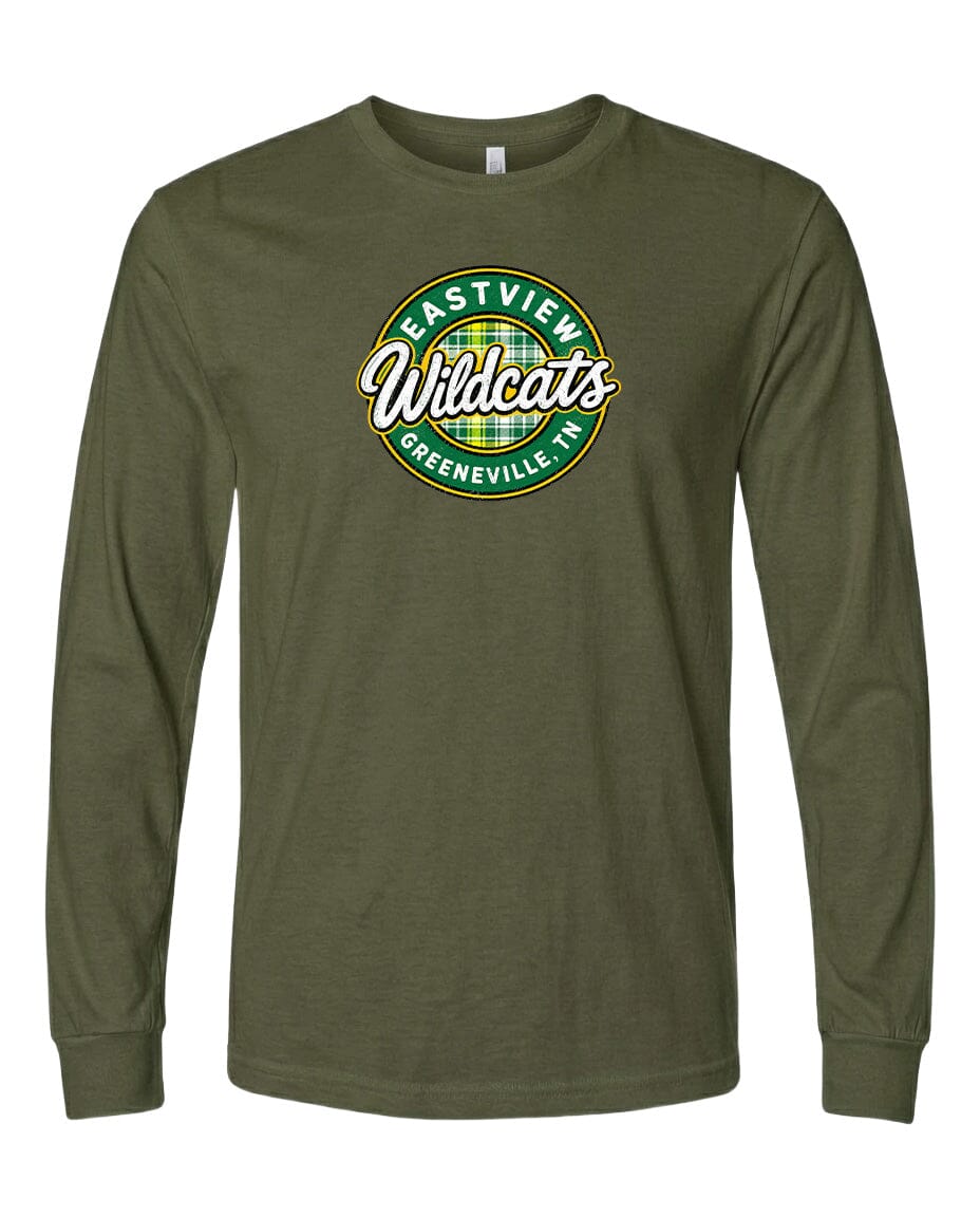 A long-sleeved olive green t-shirt with a circular logo on the front.
