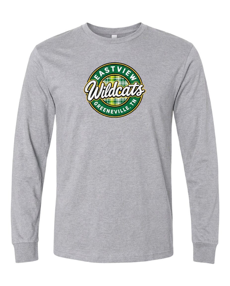 A gray long-sleeved t-shirt with a circular logo on the front.
