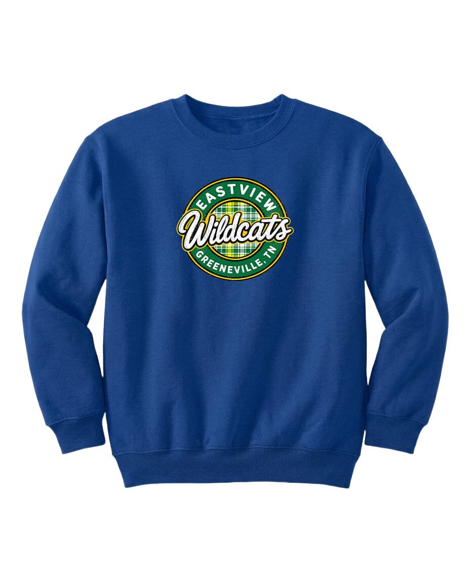 A blue sweatshirt with a circular logo on the front.