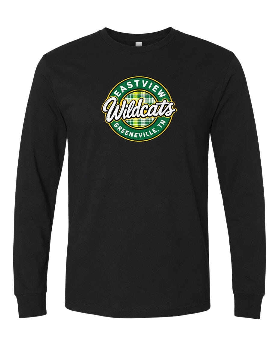 A black long-sleeved t-shirt with a green and white logo on the front.