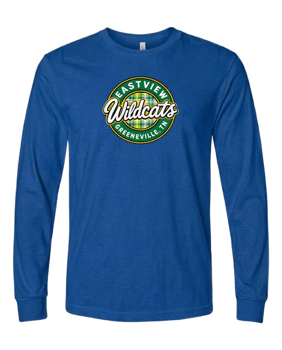 A blue long-sleeved t-shirt with a circular logo on the front.