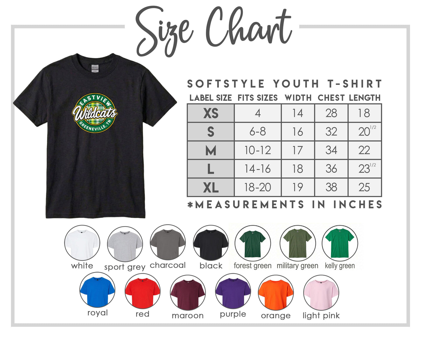 The image is a size chart for a softstyle youth t-shirt, providing measurements for different sizes and corresponding t-shirt colors.